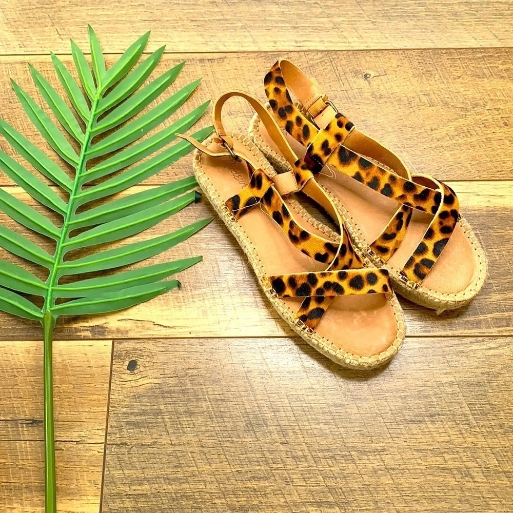 Madewell Leopard Print The Malia Espadrille Calf Hair Sandal sz 9 NWT